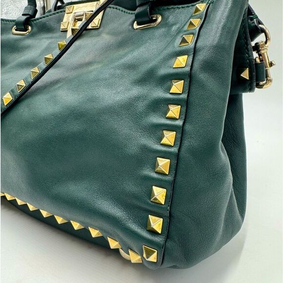 Auth Valentino Garavani Forest Green Leather Rockstud 2way Trapeze Shopper Tote - Picture 4 of 16